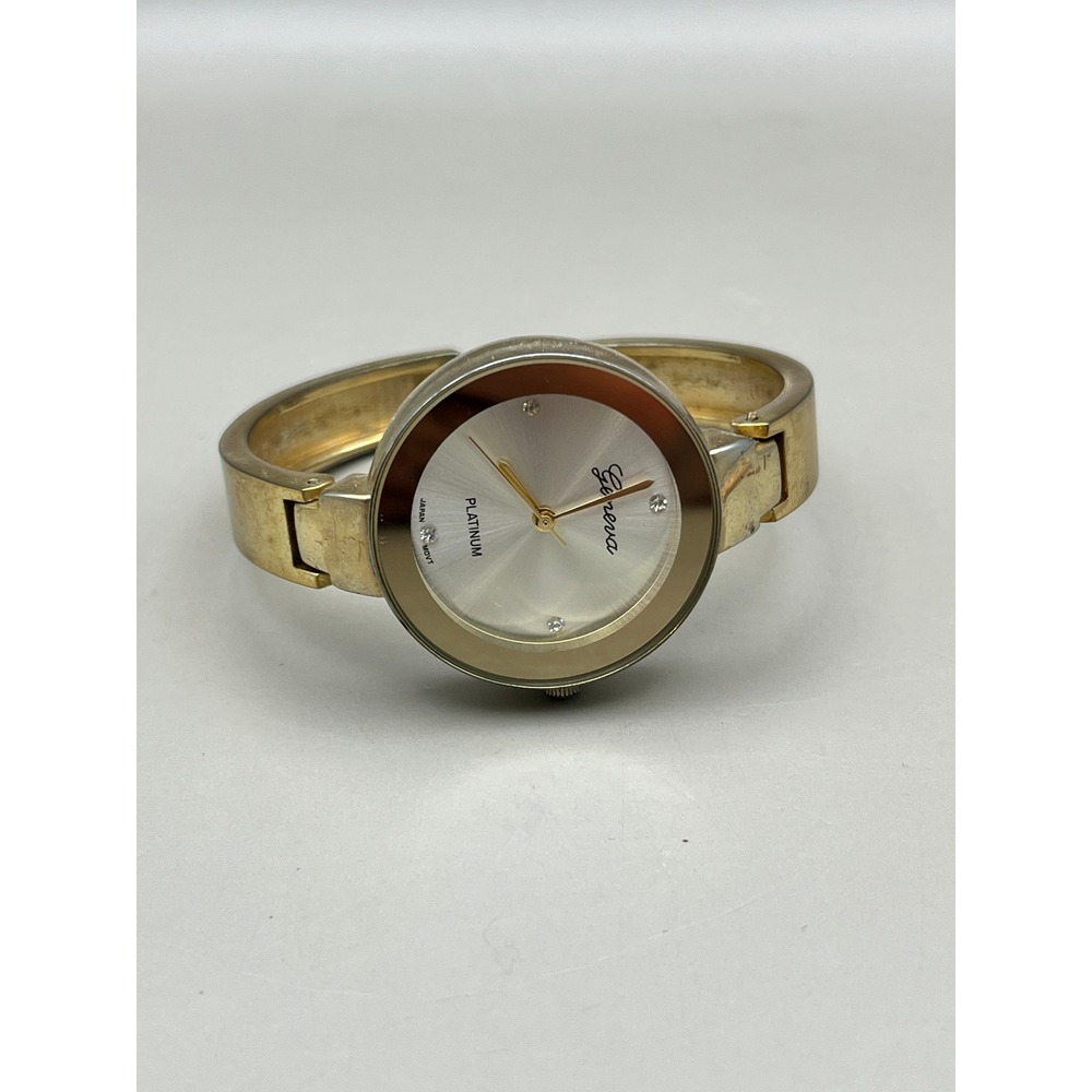 Geneva Platinum Womens Gold Tone Bangle Cuff Watch Silver Dial Japan Untested